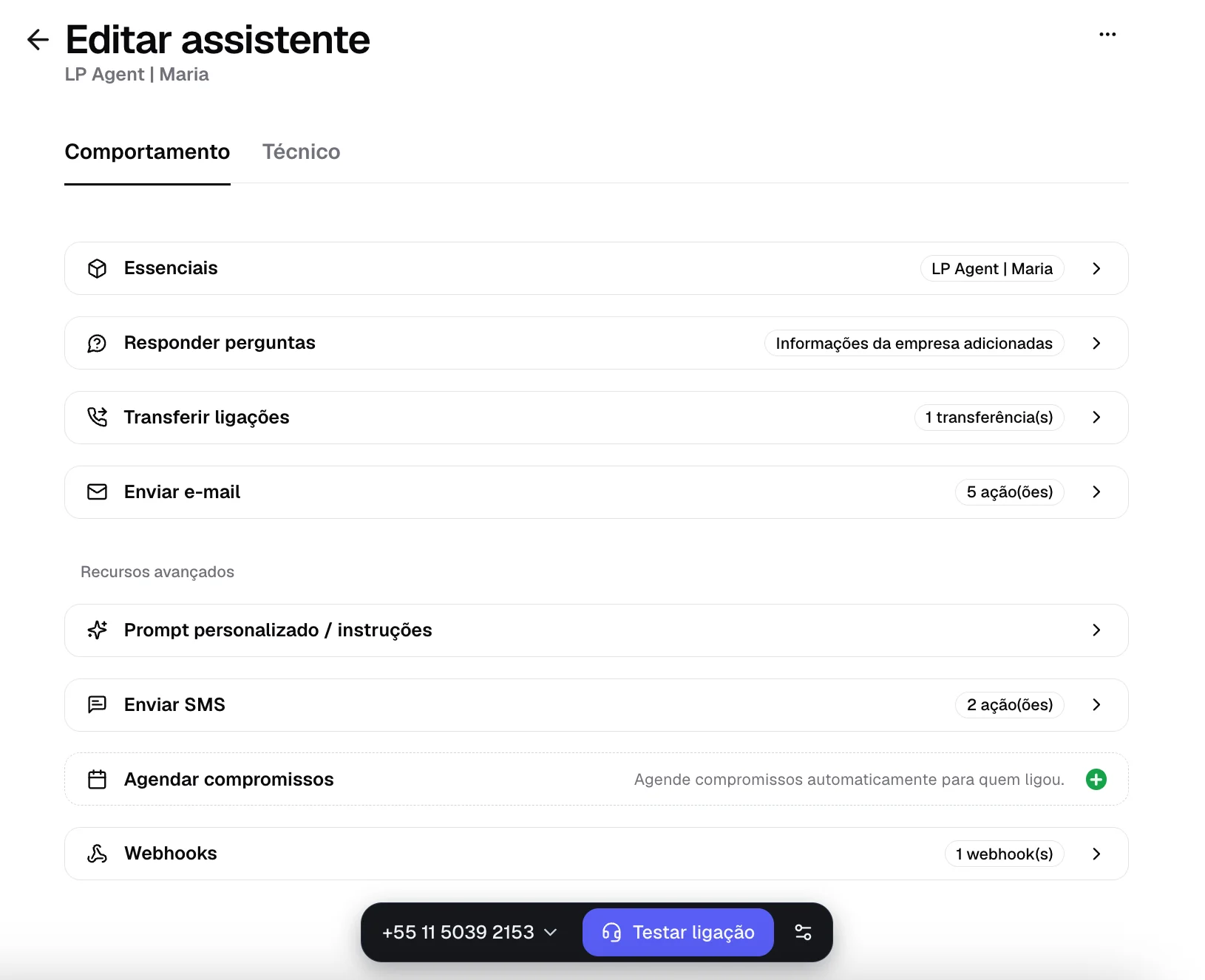 Tela de edição do assistente